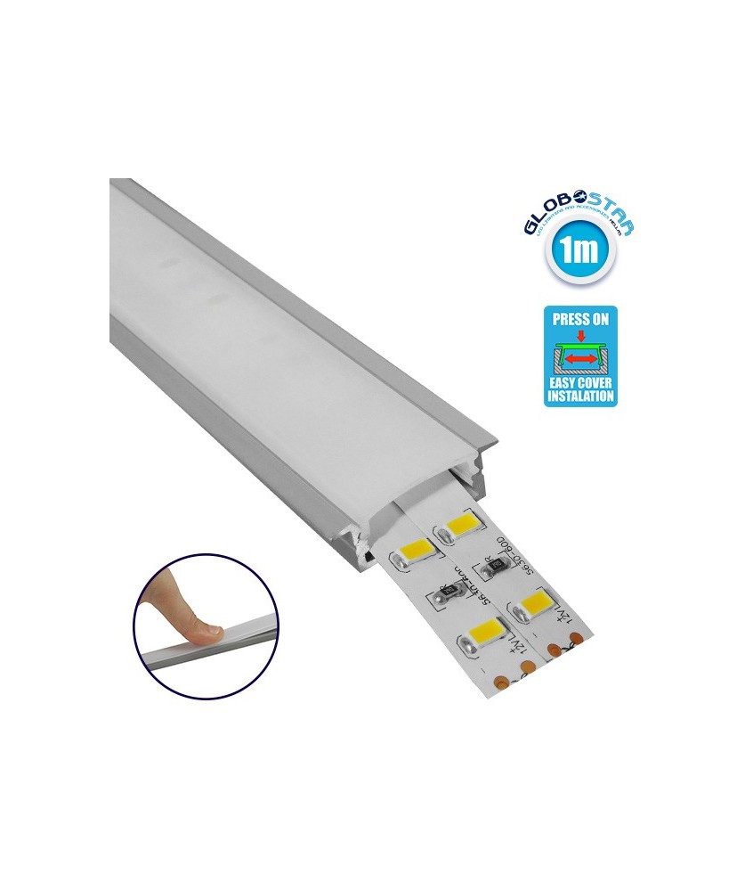 GloboStar® RECESS-PROFILE 70811-1M Προφίλ Αλουμινίου - Βάση & Ψύκτρα Ταινίας LED με Λευκό Γαλακτερό Κάλυμμα - Χωνευτή Χρήση - Πατητό Κάλυμμα - Ασημί - 1 Μέτρο - Μ100 x Π3 x Υ1.1cm